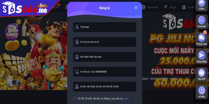 Điền thông tin đăng ký tài khoản S66 theo hệ thống trang web yêu cầu