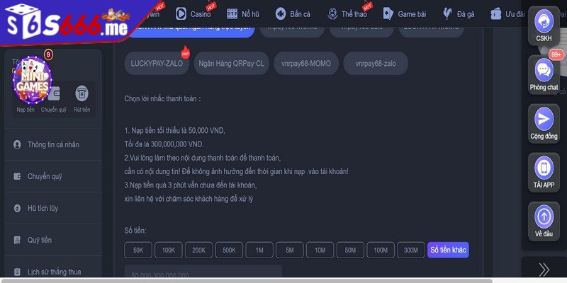 Chọn phương thức phù hợp trên S66 khi thực hiện nạp tiền